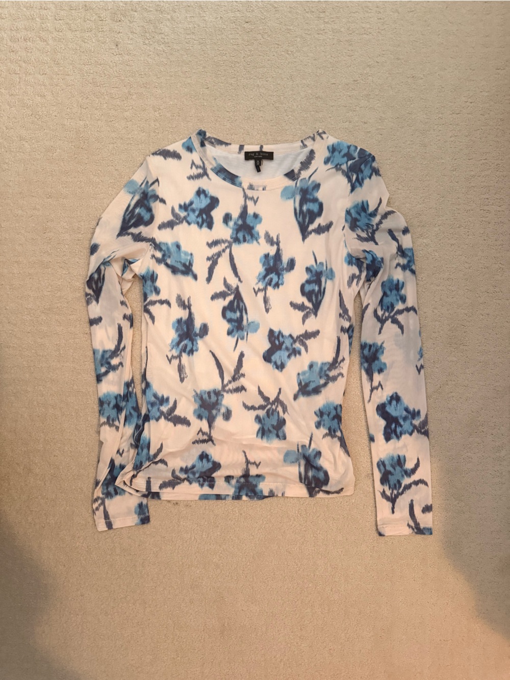 rag & bone White Long-Sleeve Tee with Blue Floral Print